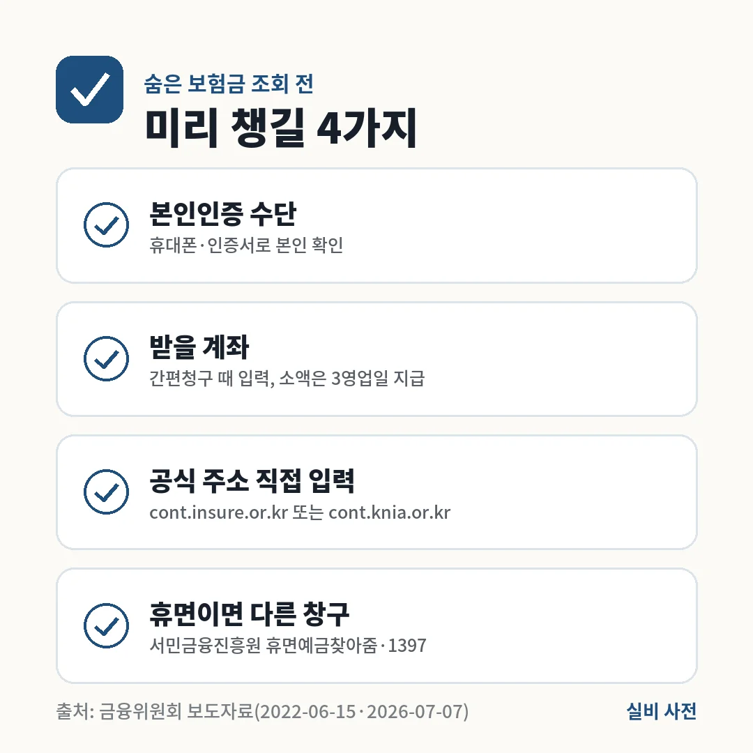 숨은 보험금 조회 전 챙길 4가지는 본인인증 수단, 받을 계좌, 내보험찾아줌 공식 주소, 휴면보험금이면 서민금융진흥원 창구예요.