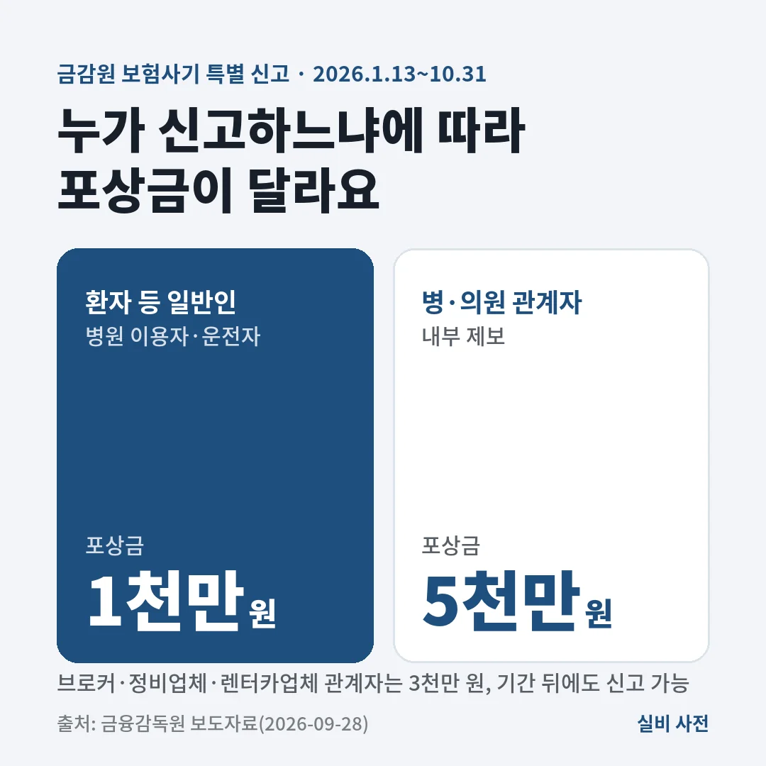 금감원 보험사기 특별 신고 기간 포상금은 환자 등 일반인 1천만 원, 병·의원 관계자 5천만 원이고 브로커 등 관계자는 3천만 원이에요.