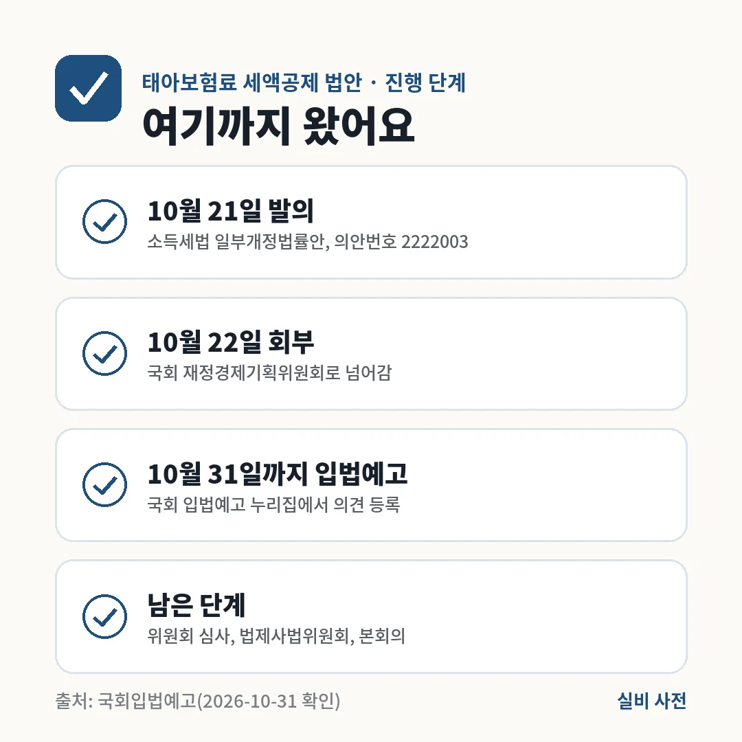 태아보험료 세액공제 소득세법 개정안은 10월 21일 발의, 22일 재정경제기획위원회 회부, 31일까지 입법예고를 거쳐 위원회 심사가 남았어요.