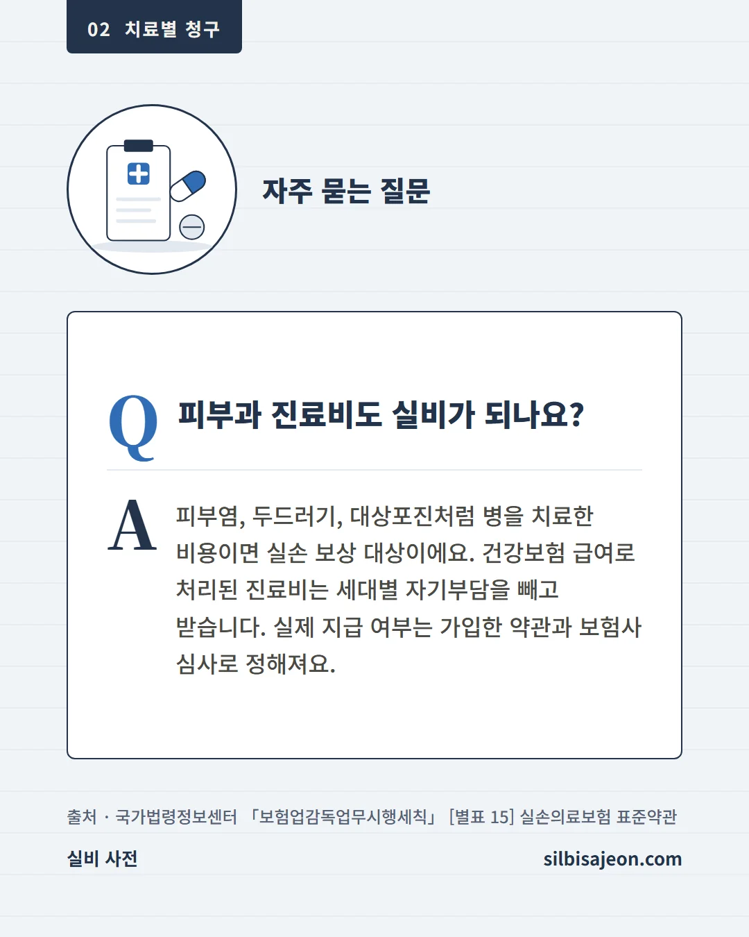 자주 묻는 질문. 피부과 진료비도 실비가 되나요? 피부염, 두드러기, 대상포진처럼 병을 치료한 비용이면 실손 보상 대상이에요.