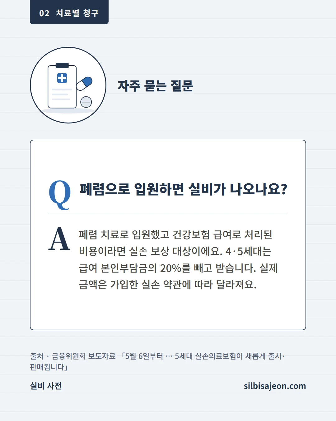 자주 묻는 질문. 폐렴으로 입원하면 실비가 나오나요? 폐렴 치료로 입원했고 건강보험 급여로 처리된 비용이라면 실손 보상 대상이에요.