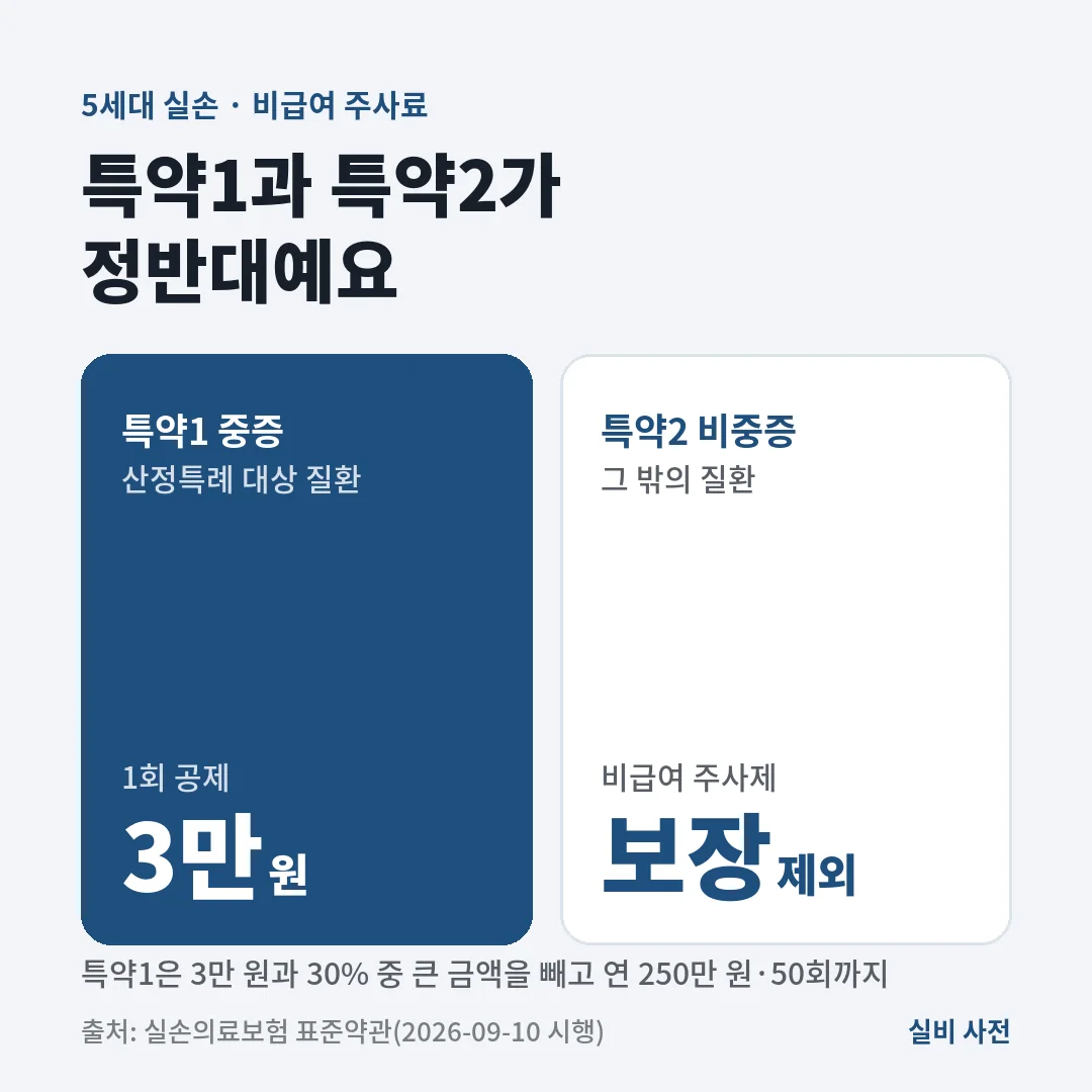 5세대 실손에서 킬레이션 같은 비급여 주사는 특약1 산정특례 질환이면 1회 3만 원 공제 뒤 보상, 특약2는 보장 제외예요.