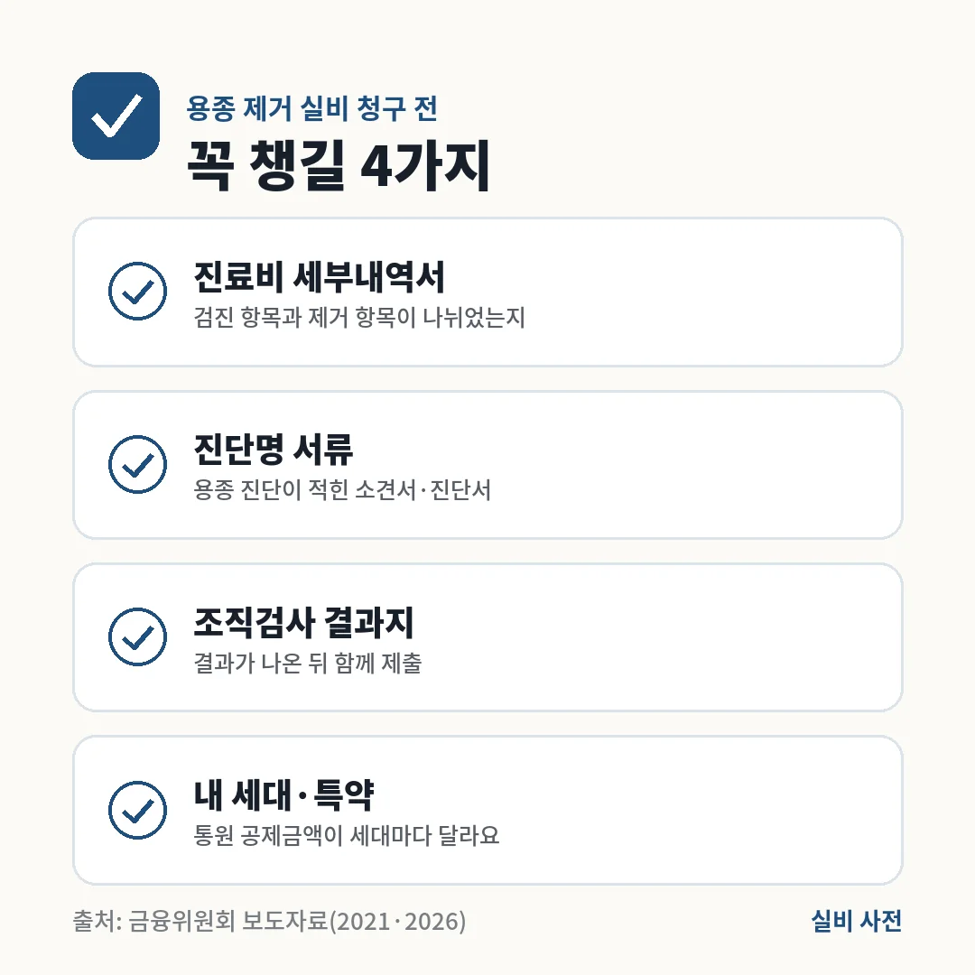 내시경 용종 제거 실비 청구 전 세부내역서, 진단명 서류, 조직검사 결과지, 내 세대와 특약 4가지를 챙기세요.