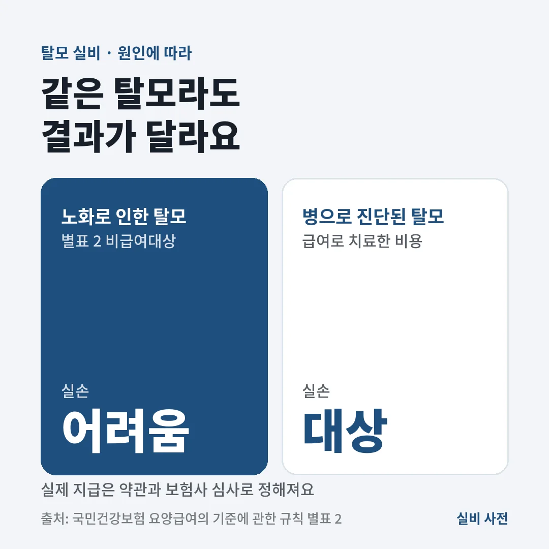 탈모 실비는 노화로 인한 탈모면 별표 2 비급여대상이라 받기 어렵고, 병으로 진단돼 급여로 치료한 비용은 보상 대상이 될 수 있어요.